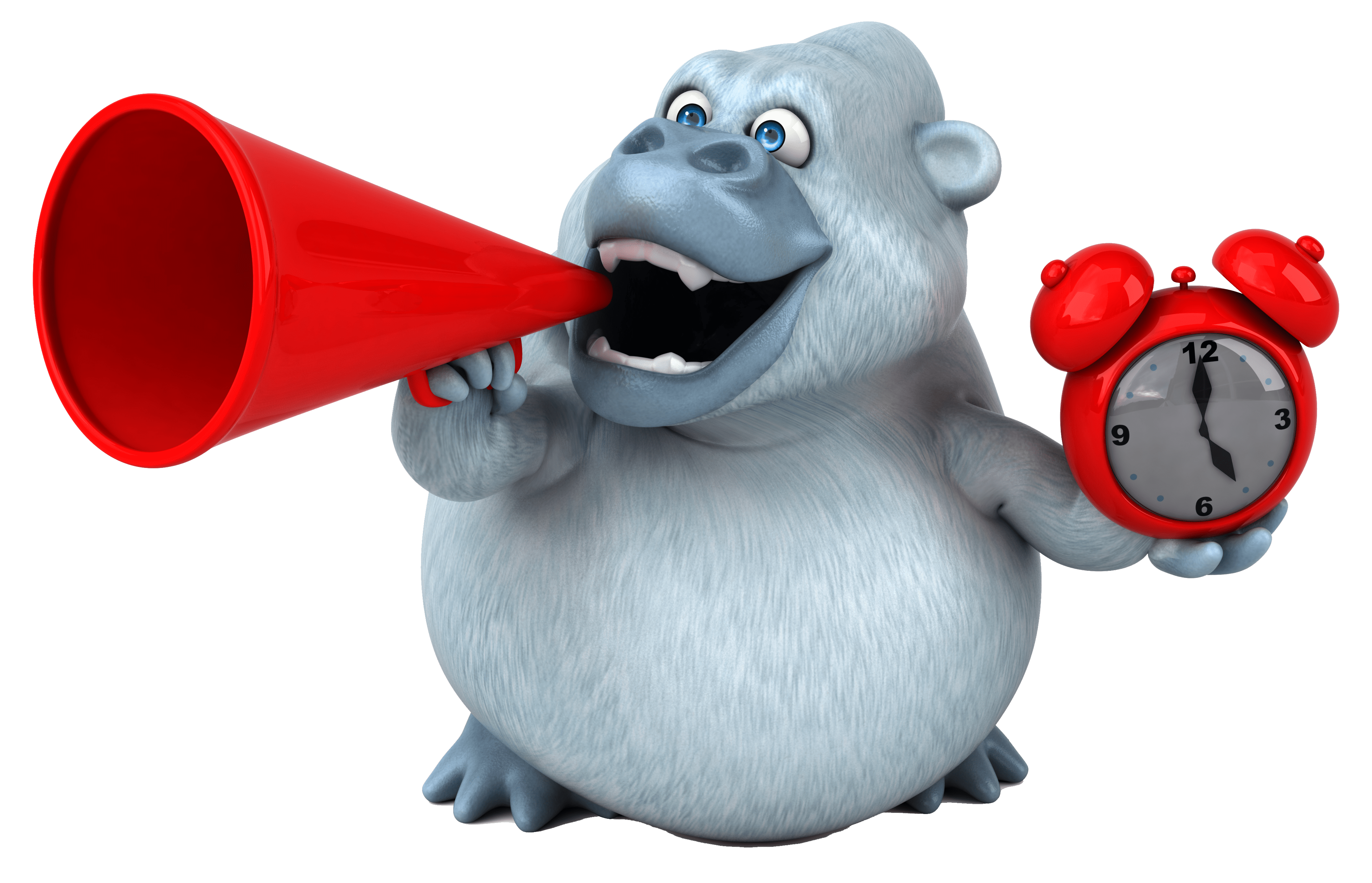 Blue gorilla shouting into a red foghorn and holding a red alarm clock